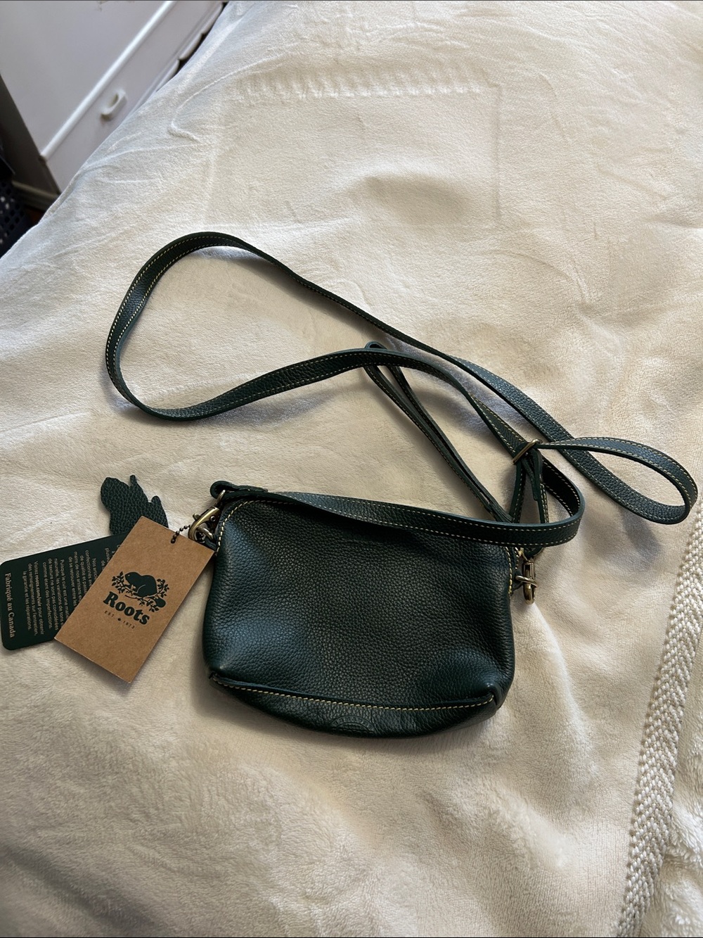 Roots Dark Green Pebbled Leather Crossbody Bag